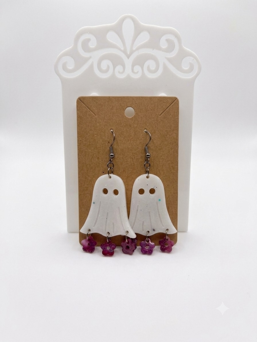White and pink Ghost Earrings with Pink Flower Dangles Resin